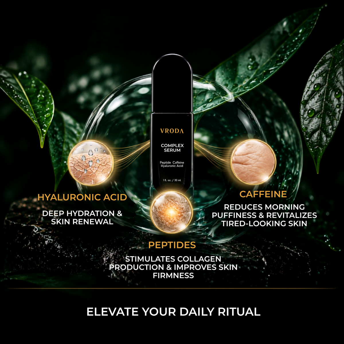 Sérum Complejo VRODA | Sérum facial antienvejecimiento con péptidos, cafeína y ácido hialurónico
