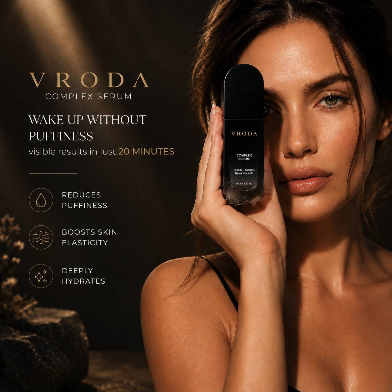 A woman holds a black VRODA Complex Serum bottle next to her face against a dark, warm-toned background with product benefits listed on the left.